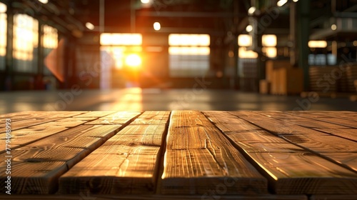 Empty wooden table set against a blurred warehouse backdrop  highlighted by the rich  golden hues of sunset light for a captivating product display