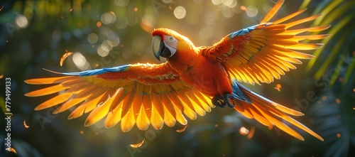 A vibrant electric blue parrot is soaring through the air, displaying its colorful wings in a beautiful macro photography shot in the wildlife event photo