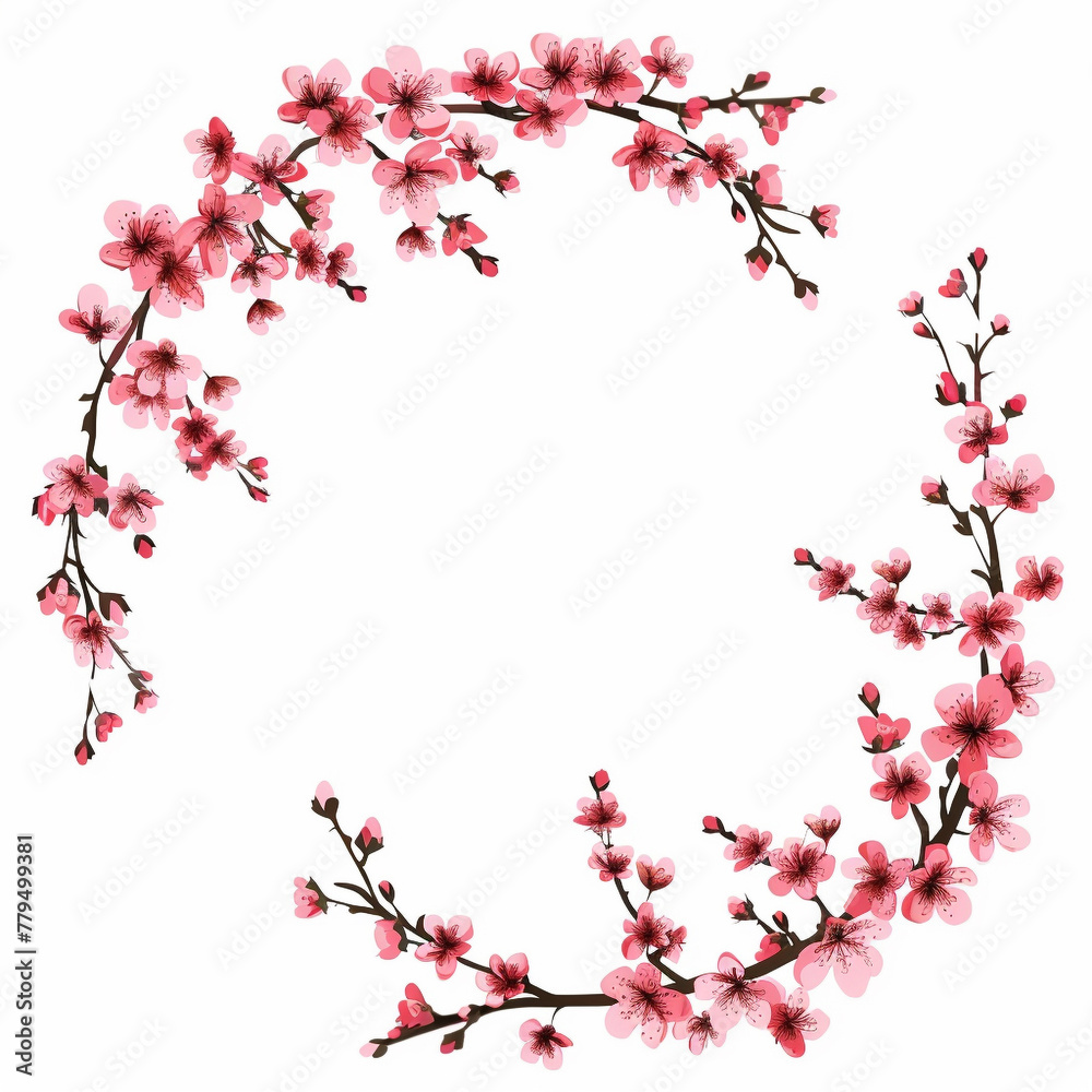 Naklejka premium Flowers, buds and petals of sakura. Watercolor style spring round border frame with branches blossoming cherry. Generative ai.