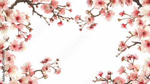 Flowers, buds and petals of sakura. Watercolor style spring square border frame with branches blossoming cherry. Generative ai. © makstorm
