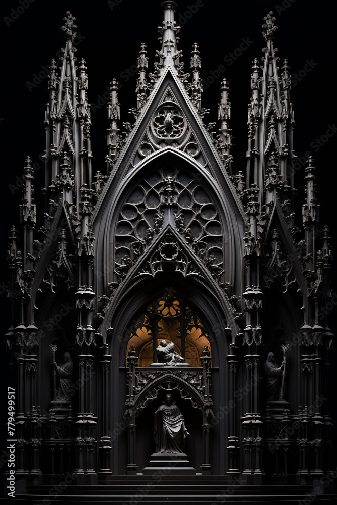 The intricate facade of a gothic castle, spires and windows rendered in exquisite detail, set against a mystery black background, emphasizing the architectural beauty and complexity of gothic design,