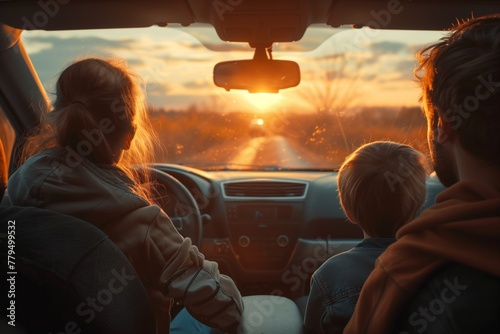 Happy family on a road trip in their car, rear passenger sunset. © Xchip