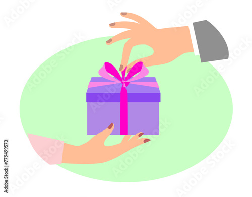 A man's hand gives a gift to a woman's hand in an oval frame. Theme of holiday, gifts, birthday. Minimalist style image. Drawing in flat style.  Vector illustration © Raman Maisei