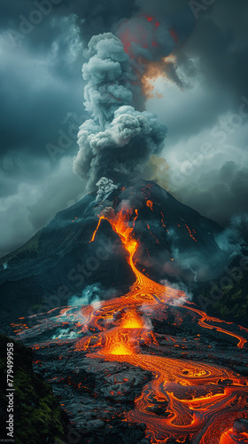 Volcano, smoky clouds, fiery eruption, molten lava flows down the mountainside Natures fury on display