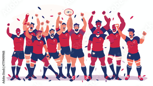 Rugby players cheering and celebrating win Flat vector