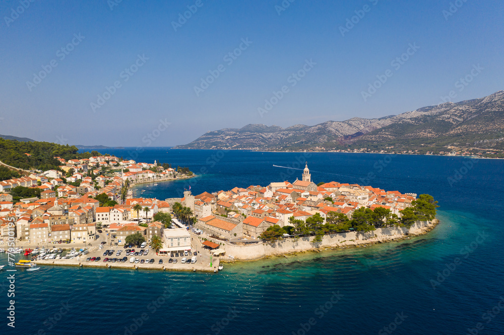 Korcula, Croatia: Aerial drone view of the famous Korcula old town and island, a popular beach vacations destination in the Balkans