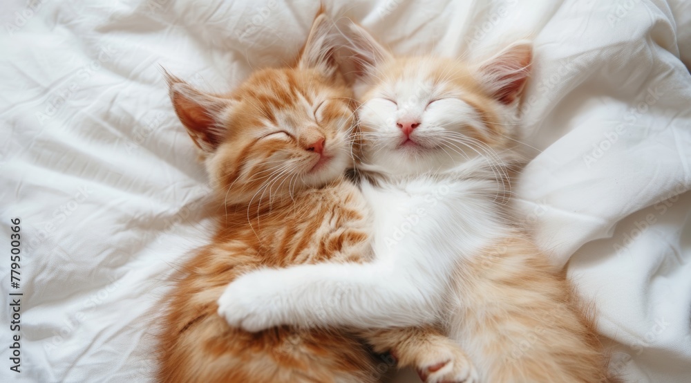 Two cute cats sleeping together on a soft blanket at home, a romantic concept of love and friendship between pet animals. A love-themed wallpaper for a pet shop advertisement