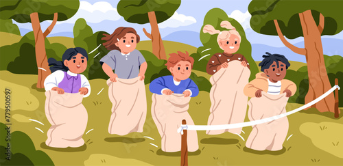 Sack race, kids fun competition. Happy children jumping inside bags outdoors. Cute preschool child group playing funny game, summer activity, joyful leisure in nature. Flat vector illustration
