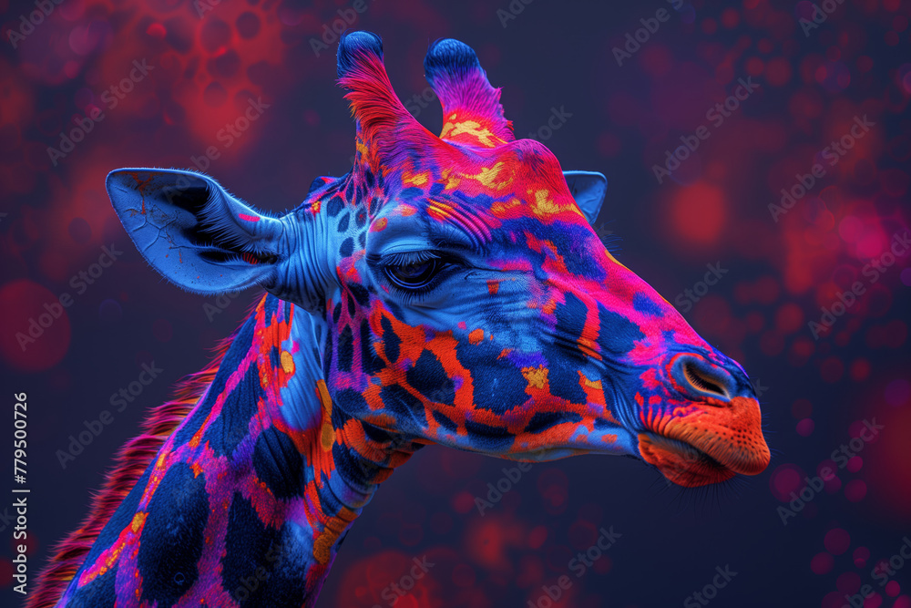 Giraffe with a colorful face is the main focus of the image Giraffe with a colorful face is the main focus of the image