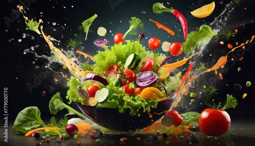 Vegetable salad with flying ingredients on black background. Mixed media. Created with AI generator.