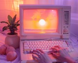 Woman Enjoying Serene Sunset on Vintage Computer in Cozy Room Setting