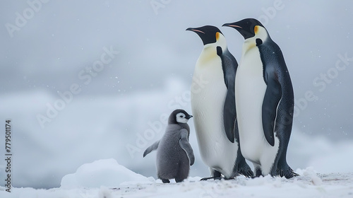 A family of emperor penguins standing together on the snow-covered surface  with one baby chick in between them. 