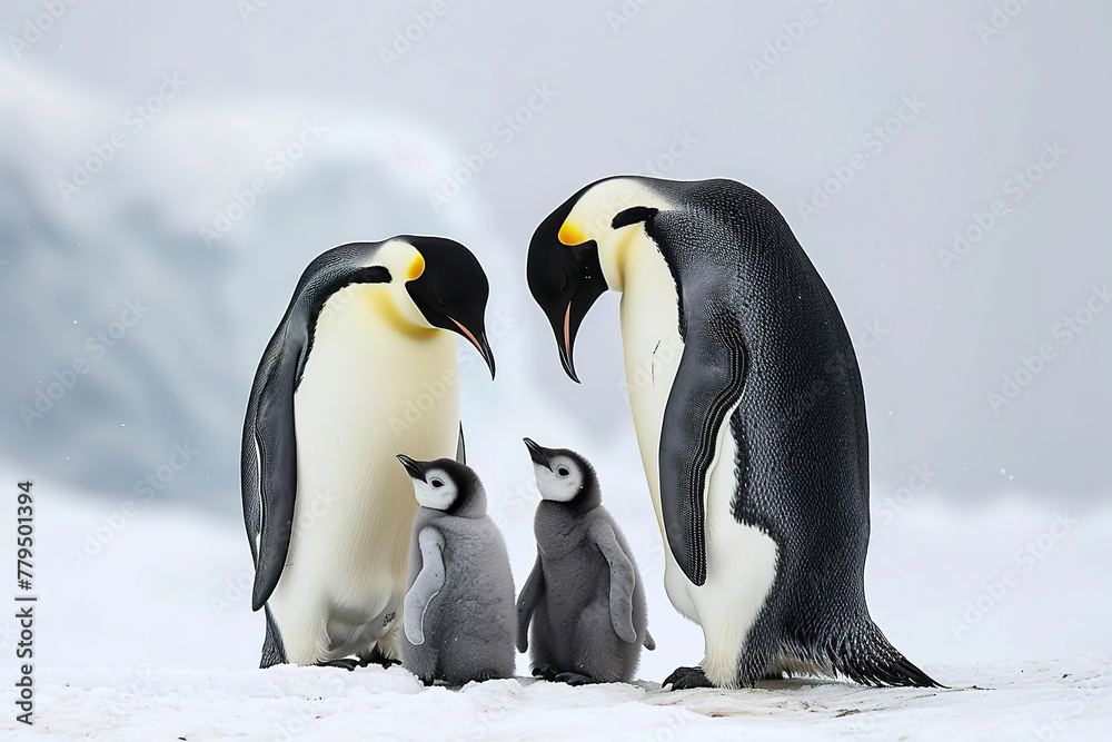 Obraz premium A family of emperor penguins standing together on the snow-covered surface, with one baby chick in between them. 