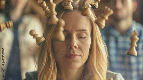 Woman is looking at a chess board with many pieces flying around her head