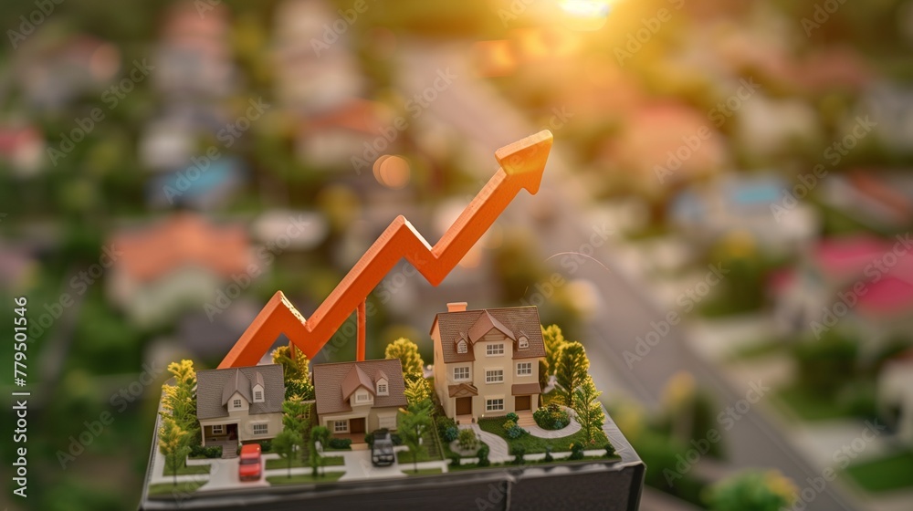 Booming real estate market, depicting an upward trend in property sales and rentals, with a