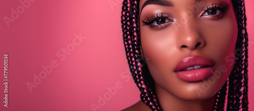 Woman, black with lashes and lip gloss wearing natural long black individual braids with copy space