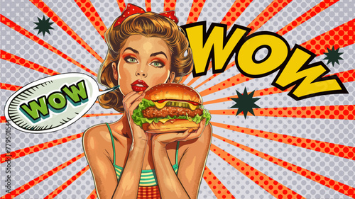Expressive Pop Art Female Portraits with burger. Urban Backdrop 1960s style, pin up girl, bold lines and dots. Beautiful retro pin up woman poster.	