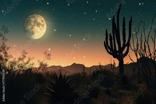 Moonlit desert with distant silhouettes, AI-generated