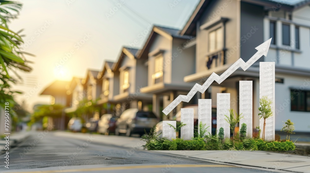 Booming real estate market, depicting an upward trend in property sales and rentals, with a