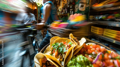 Colorful Street Market Vibes - Dynamic Scene with Tacos and Bustling Crowd photo