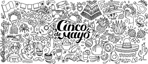 Cinco de mayo doodle background. Hand drawn Mexican culture symbols set. Guitar, sombrero, maracas, cactus and chili, taco, tequila isolated on white. Cinco de Mayo greeting card. Vector illustration.