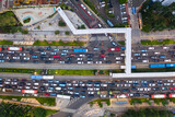 Jakarta, Indonesia: Overhead view of a traffic jam along Jakarta main avenue in the business district in Indonesia capital city