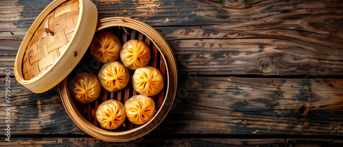 dim sum in a bamboo steamer, Chinese cuisine, with empty copy space.