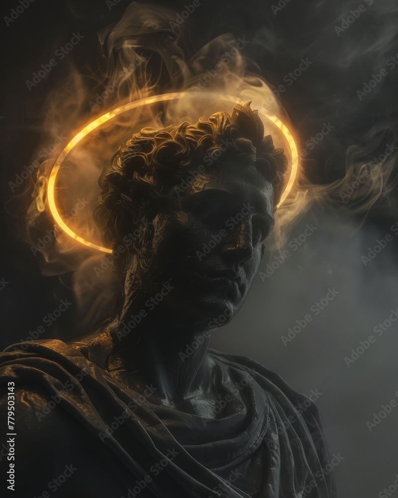 Smoke enveloped statue with radiant halo. Mysterious smoke swirls around a classical statue with a bright halo, creating a blend of ancient art and modern aesthetics Smoke enveloped statue with radiant halo. Mysterious smoke swirls around a classical statue with a bright halo, creating a blend of ancient art and modern aesthetics