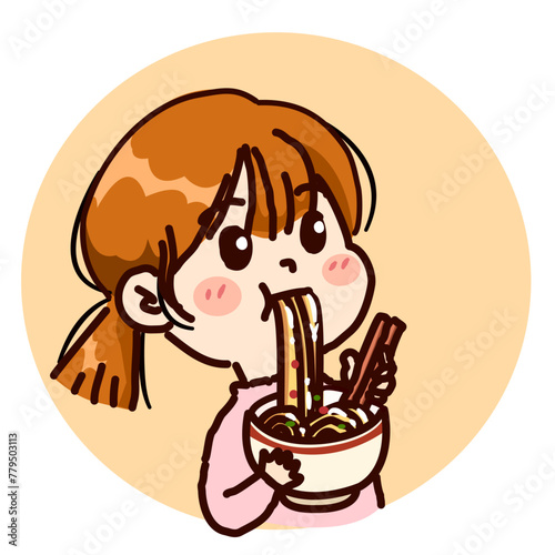 Young Girl Enjoying a Hearty Bowl of Noodles - Cartoon Vector Illustration