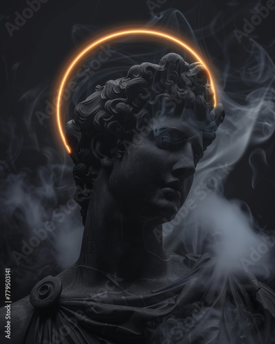 Ethereal statue with encircling light halo. Majestic statue enveloped in smoke and highlighted by an encircling halo light, reflecting an aura of mystique and timelessness © Vuk