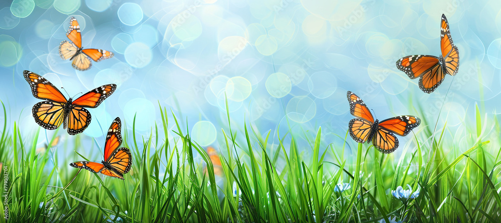 Naklejka premium Abstract natural background with butterflies and green grass 