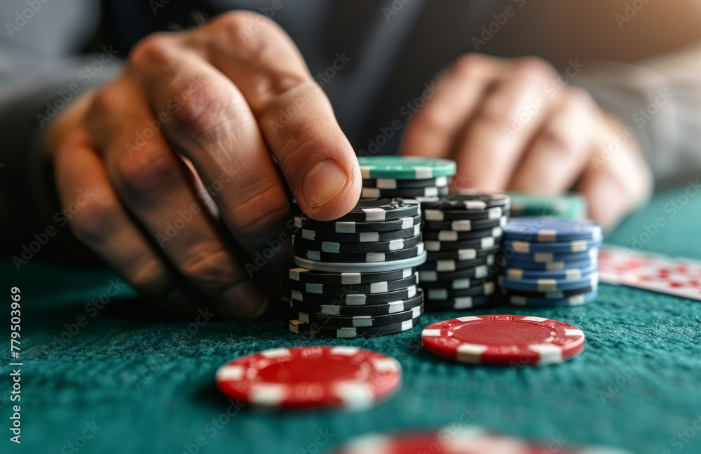 A man's hands hold a stack of poker chips at a casino table, depicting a poker game concept A man's hands hold a stack of poker chips at a casino table, depicting a poker game concept