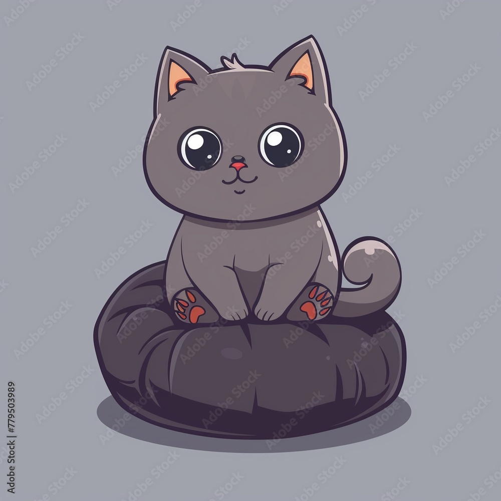 A plush British Shorthair sitting on a giant velvet cushion cartoon kawaii flat design A plush British Shorthair sitting on a giant velvet cushion cartoon kawaii flat design