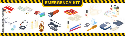 アイソメトリックで描いた防災グッズのイラストセット
