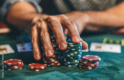 A man's hands hold a stack of poker chips at a casino table, depicting a poker game concept © ink drop