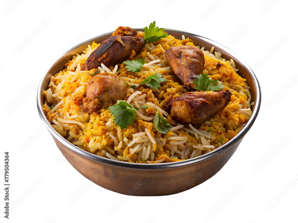 A bowl of biryani with chicken pieces on a transparent background A bowl of biryani with chicken pieces on a transparent background