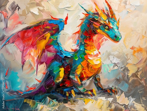 Oil painting, abstract dragon, palette knife crafted scales in bright hues, on a lively background with dramatic light effects