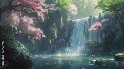 A beautiful waterfall surrounded by trees and a pond with pink flowers photo