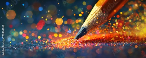 Vibrant pencil tip releases colorful glitters & pigments, symbolizing creativity & magic on paper