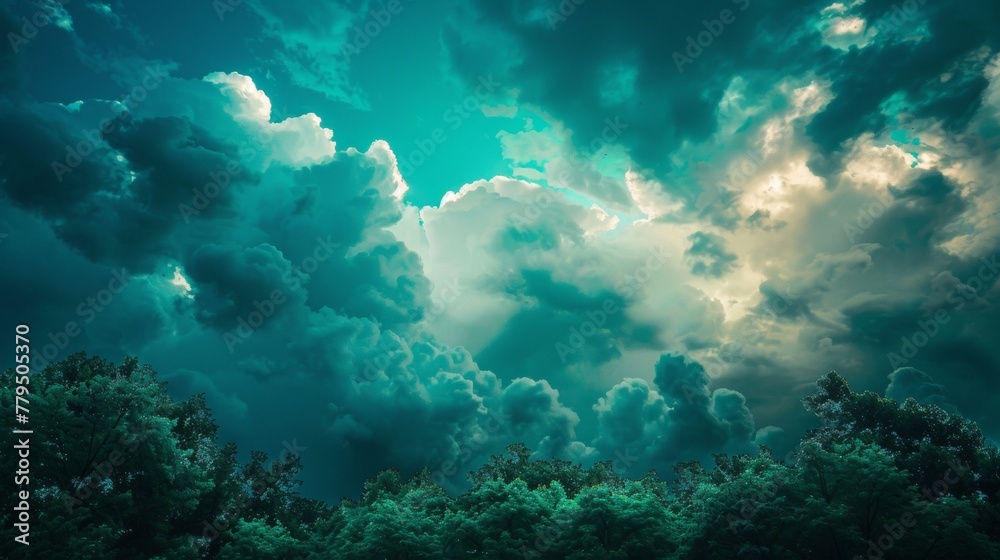 Dark blue, green, sky, clouds