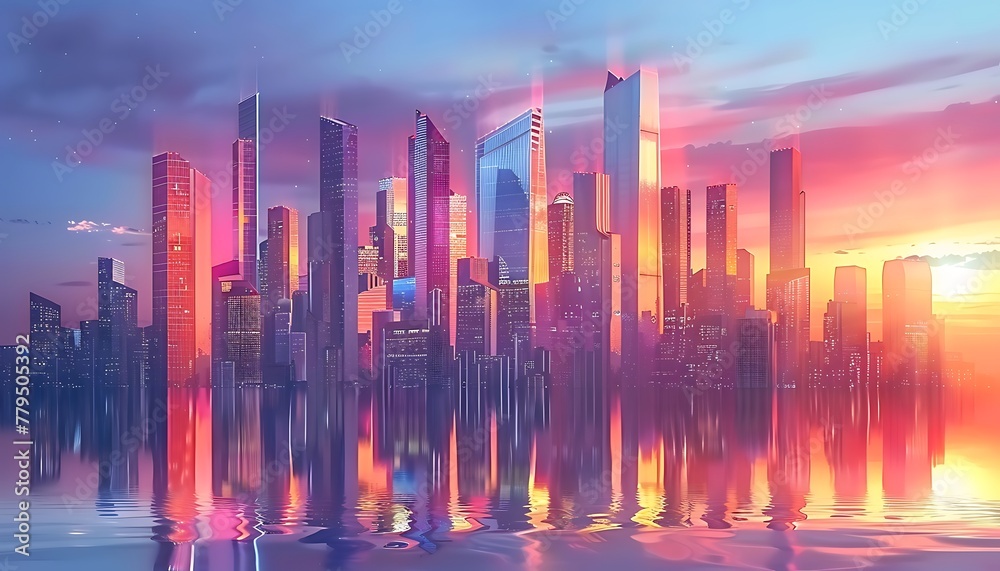 Captivating skyline of a modern metropolis at dusk, showcasing sleek skyscrapers in a futuristic financial hub with dynamic architectural design and reflective surfaces