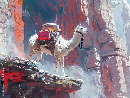 Space llama in animotion, navigating ancient stone structures, blending with futuristic aerospace habitat, vibrant, closeup photo