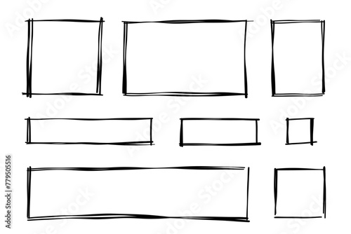 Rectangle frame line on transparent background. The rectangles are drawn by hand in doodle style. Vector illustration isolated