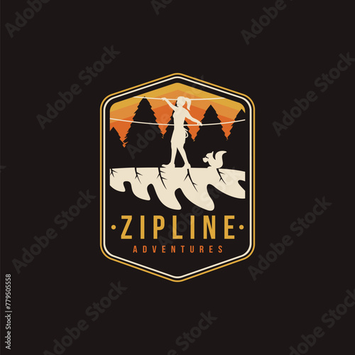 Woman walk on oak leaf, game and park logo, zipline adventure game logo icon vector template on black background