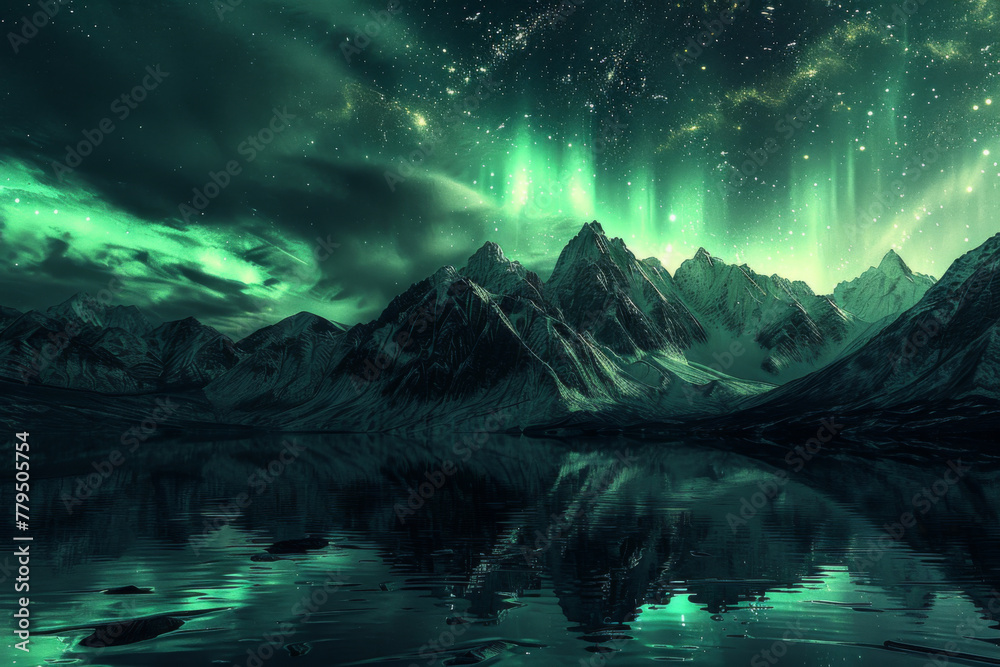 Stunning view of green northern lights over mountains with reflection in the lake at night