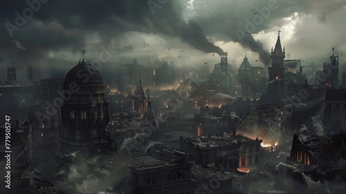 A cityscape in ruins, with smoke rising from the buildings. The sky is dark and ominous, and the air is thick with the smell of smoke and ash. photo