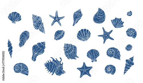 Turtles vector set. Doodle drawn engraved line illustration. A collection of sketches of different mollusc shells of different shapes. Shapes of ocean shells on a white background. Vector graphics in 