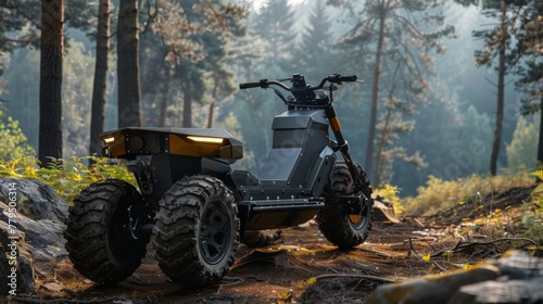 All-Terrain Electric Motorcycle on a Forest Trail photo