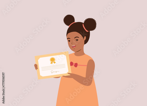 One Smiling Black Little Girl Displaying Her Certificate Of Appreciation. Half Length.
