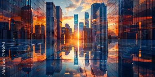 Captivating skyline of a modern metropolis at dusk, showcasing sleek skyscrapers in a futuristic financial hub with dynamic architectural design and reflective surfaces